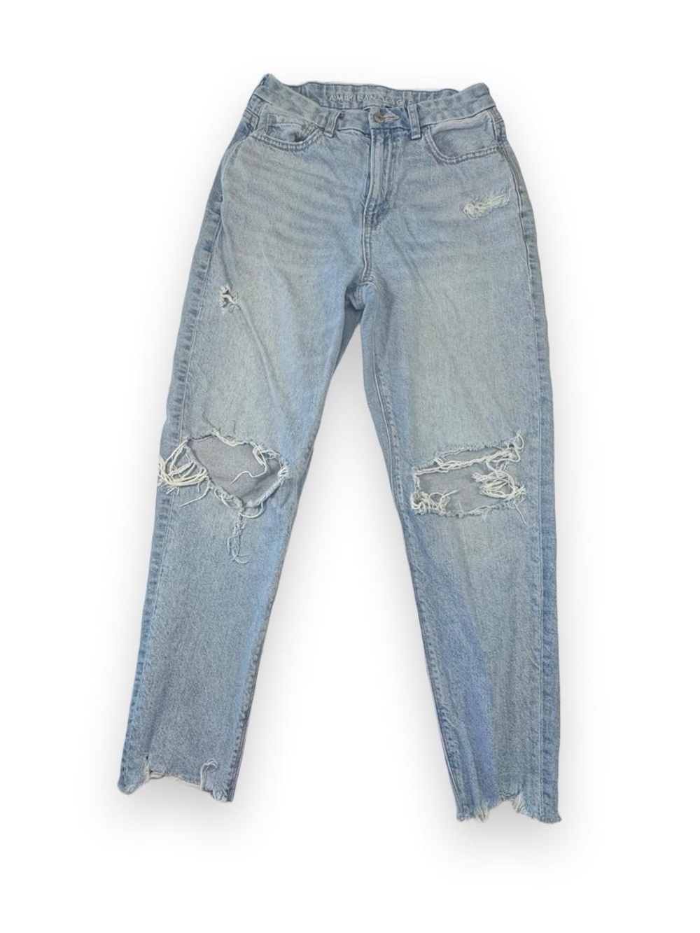 American Eagle Mom Straight Jeans 4 Regular Light Blue Distressed Grunge Y2K